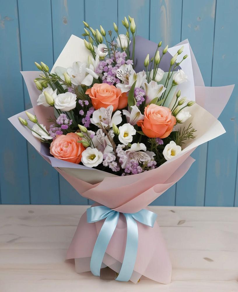 Букет цветов из: Лизиантусы, Розы, Альстромерии и Гипсофила в Чернянке